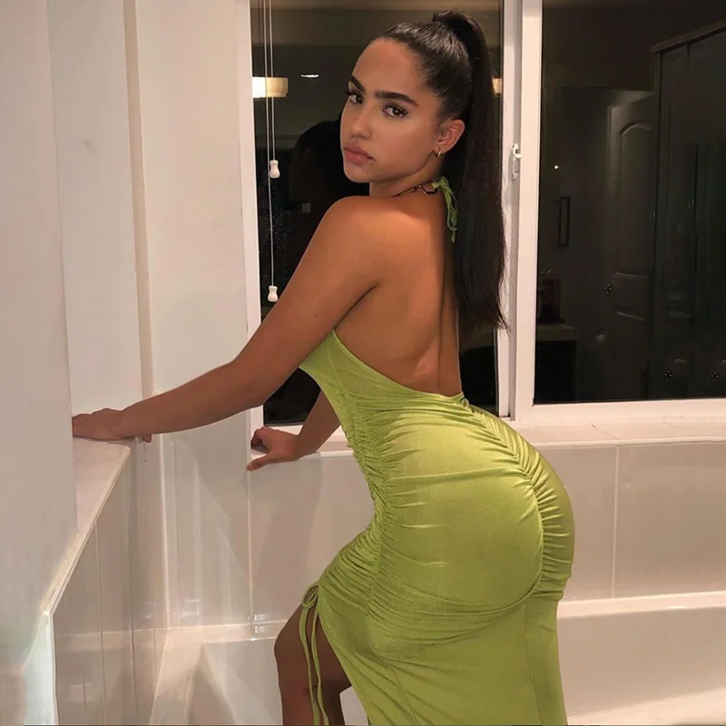 halter neck design green long dress backless sexy bodycon tight dress for ladies