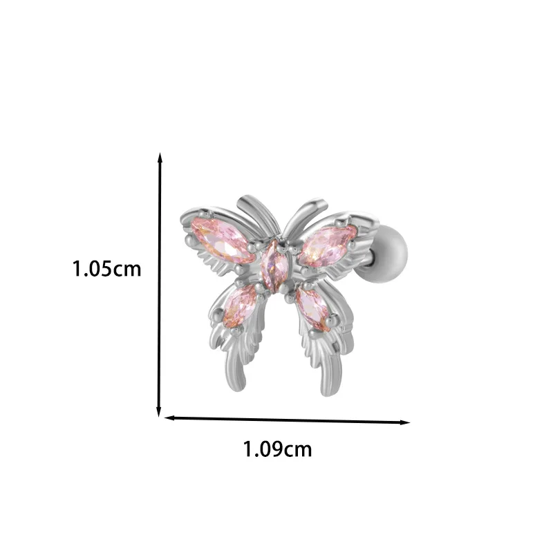 New Stainless Steel Rod Copper Inlaid Zircon Sweet Girl Feeling Butterfly Cherry Joker Cartilage Puncture Ear Bone Nail Jewelry