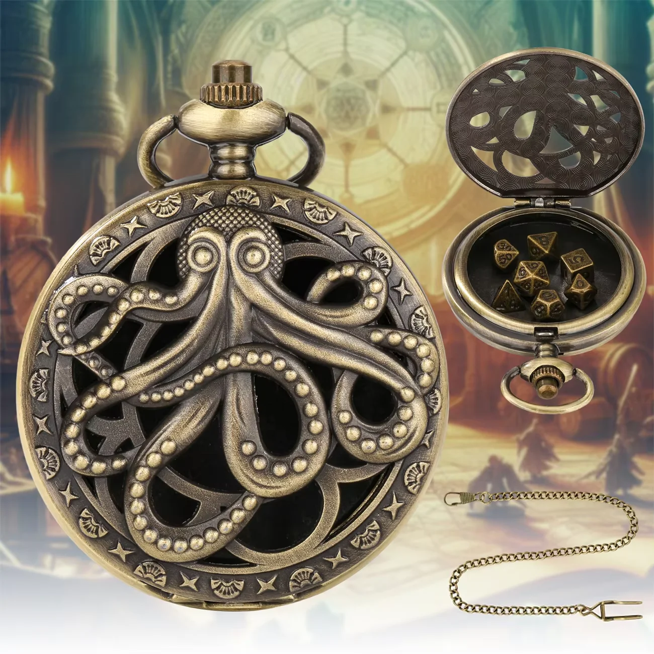 7pcs Portable Mini Role Playing Dice with Pocket Watch Shell, Cards Board Game Polyhedral Metal Dice Set