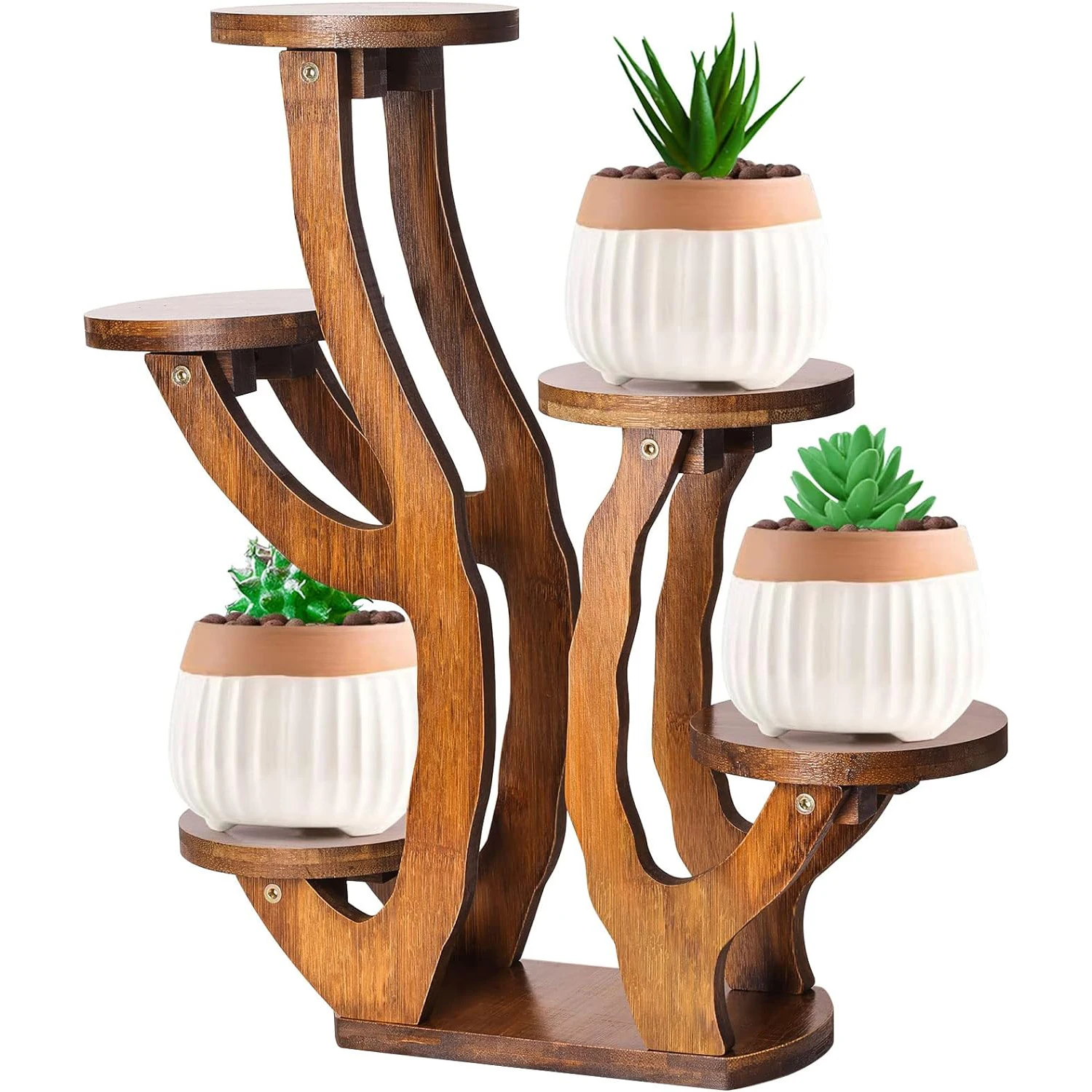 Bamboo Flower Plant Stand 2 Tires Storage Rack Watering Plant Cabinet