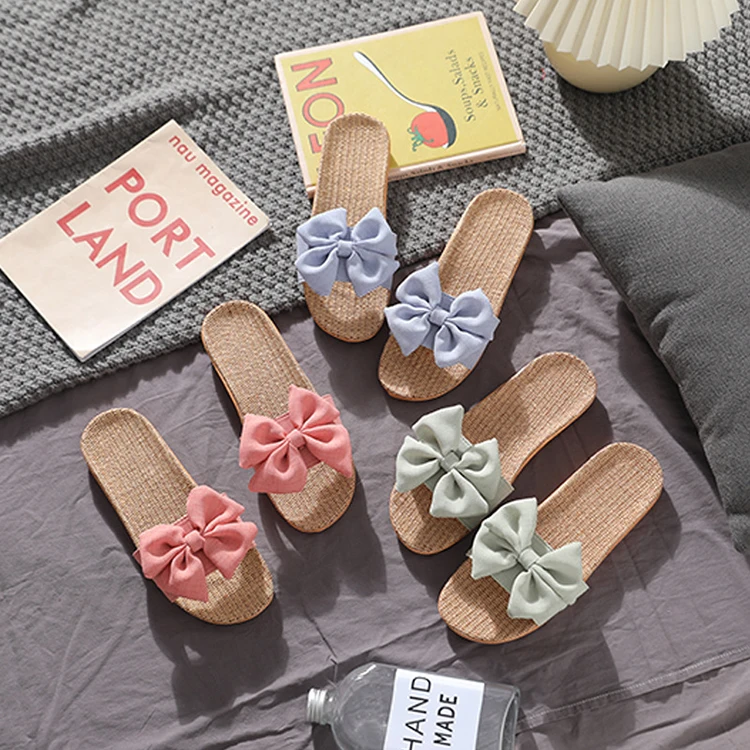 New Design Summer Cool Lovely Bow Spinning Breathable Outdoor Beach Flax Linen Slippers Wholesale