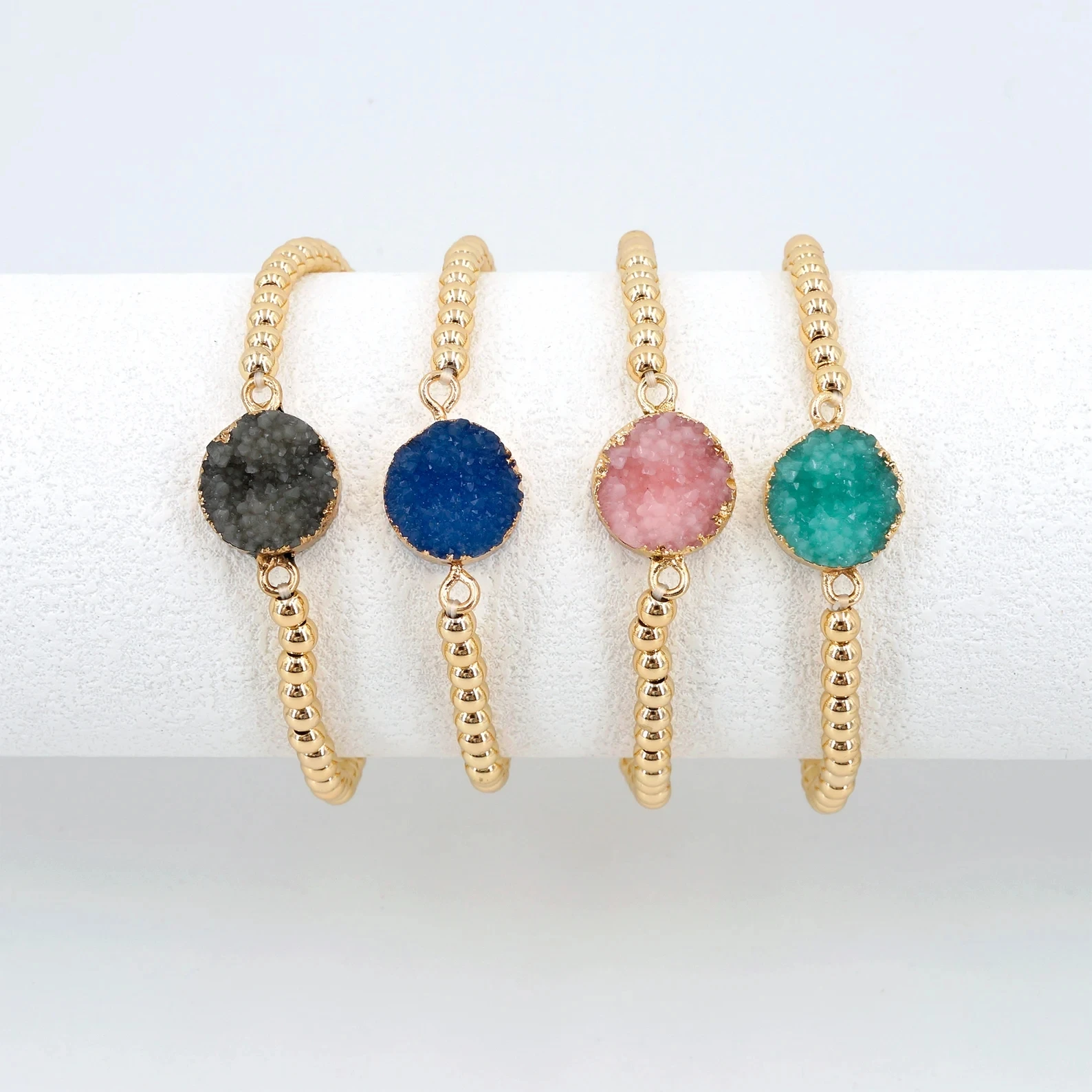 Custom Minimalist Stretch Jewelry For Women Healing Quartz Crystal Natural Druzy 18K Gold Filled Stainless Steel Beaded Bracelet