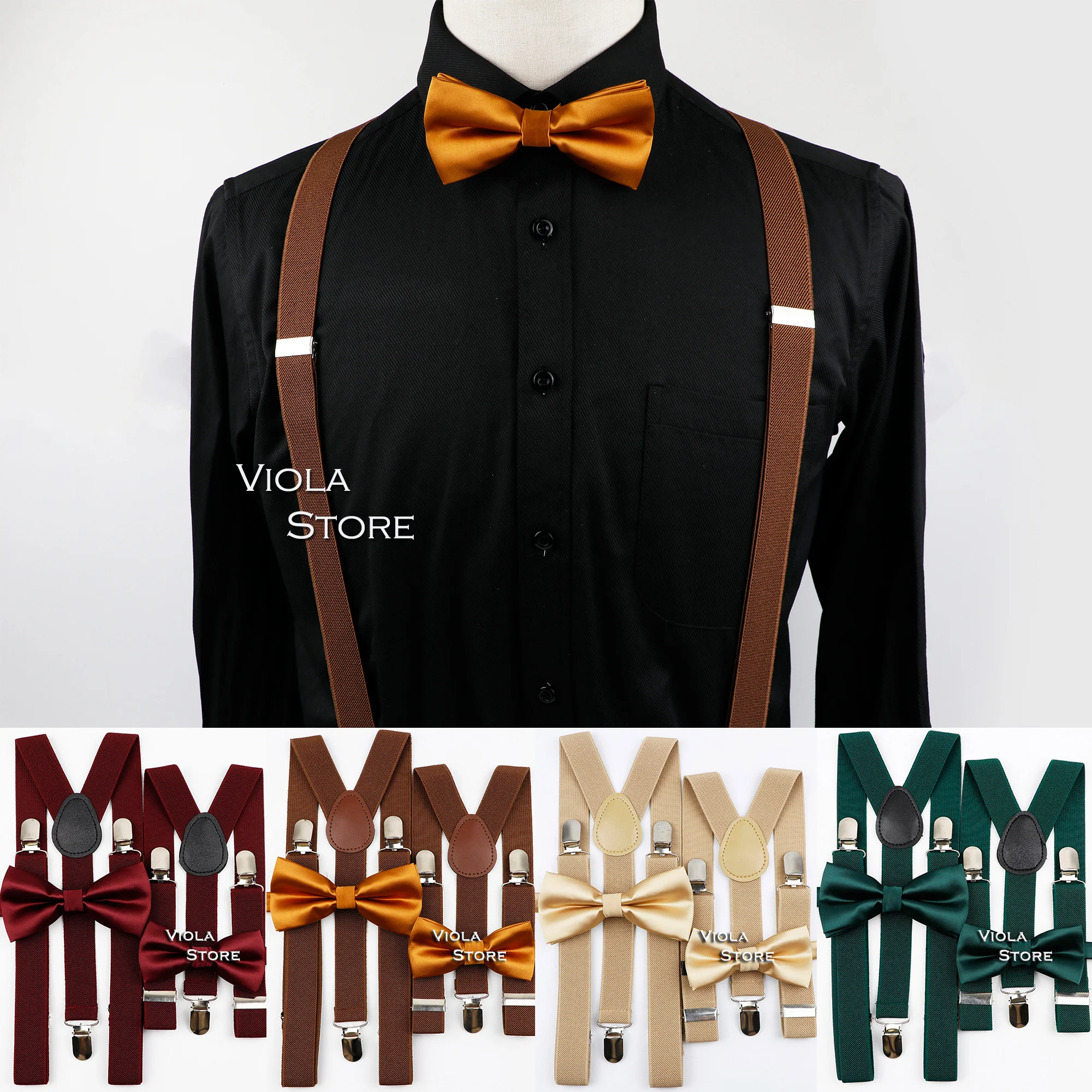 Soild 2.5cm Suspenders Glossy Bowtie Set Men Kids Red Brown Polyester Butterfly Y-Back Braces Party Dinner Shirt Pants Accessory