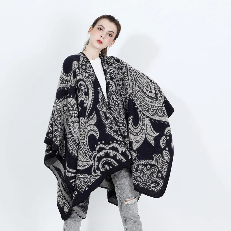 OEM Black Paisley  Acrylic Poncho Shawl New Black pattern women poncho  Classic Paisley Jacquard pattern Print  women  poncho