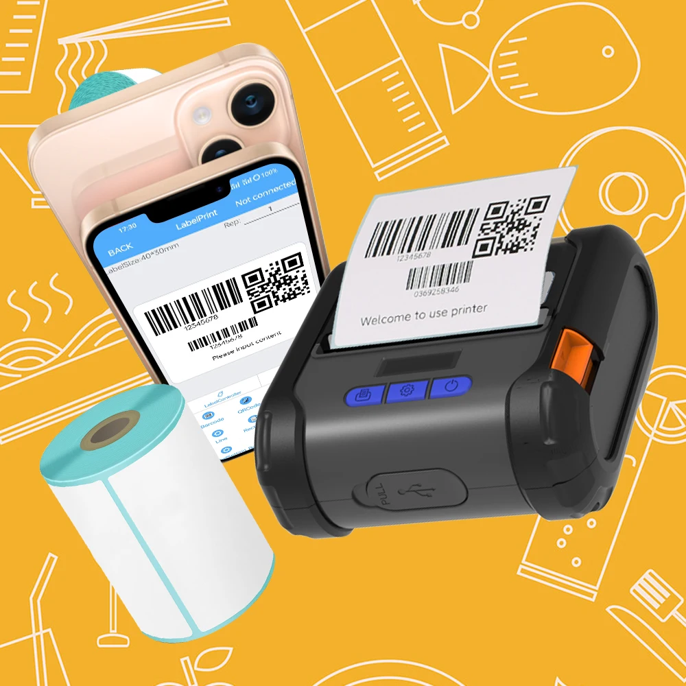 Thermal printer for label ticket printing mini 58mm 80mm handheld mobile thermal barcode printer
