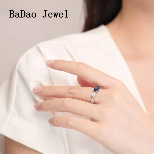 Fashion Sapphire Blue Stone Ring Jewelry Women 925 Silver Engagement Wedding Water Drop Ring