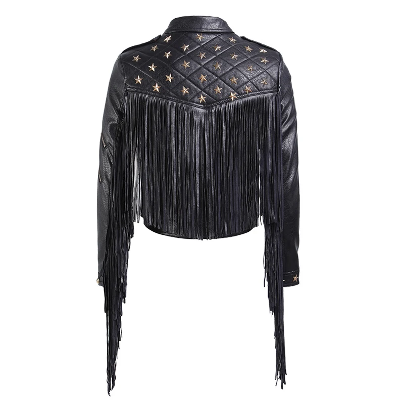 Star Studded Black Moto Turn-Down Collar Short Rivets Ladies Wholesale Punk Zipper Tassel Women Pu Jacket