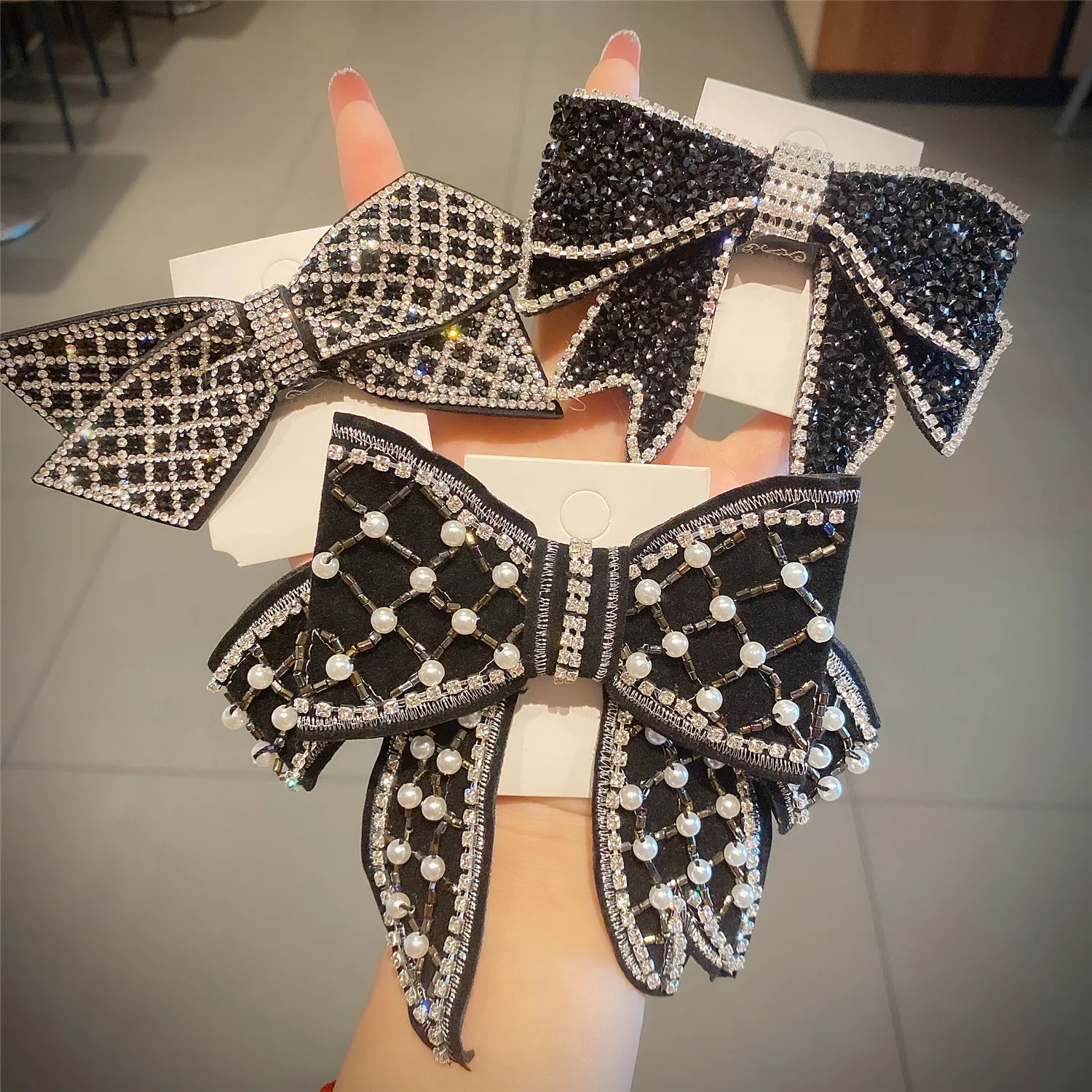 Korean Style Girls Headwear Handmade Luxury Rhinestone Crystal Beads Black Big Bow Barrette Hair Clip Hairgrip Hair Accessories