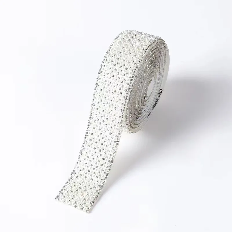 Wholesale 30mm 10mm wide crystal inlaid ribbon sticker banding trim self adhesive rhinestone and pearl strips for crafts