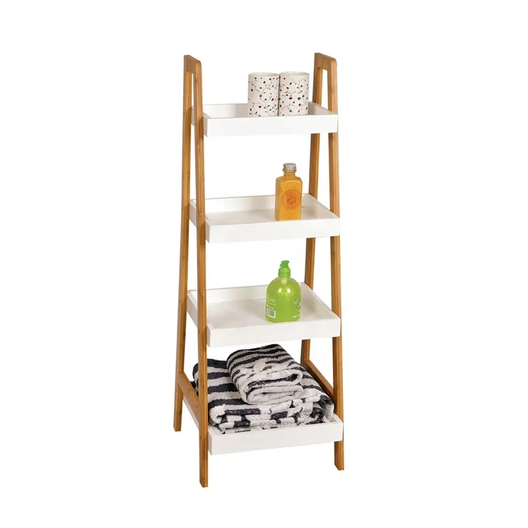 
Bathroom ladder shelf, modern wholesale wooden storage rack 4-tier corner shelf 