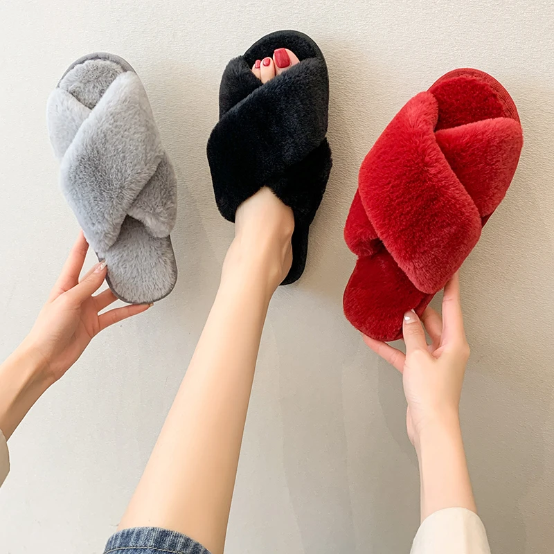 Winter Home Slippers Shoes Ladies Cross Soft Plush Furry Female Open Toe Slides Women Warm Faux Fur Slippers