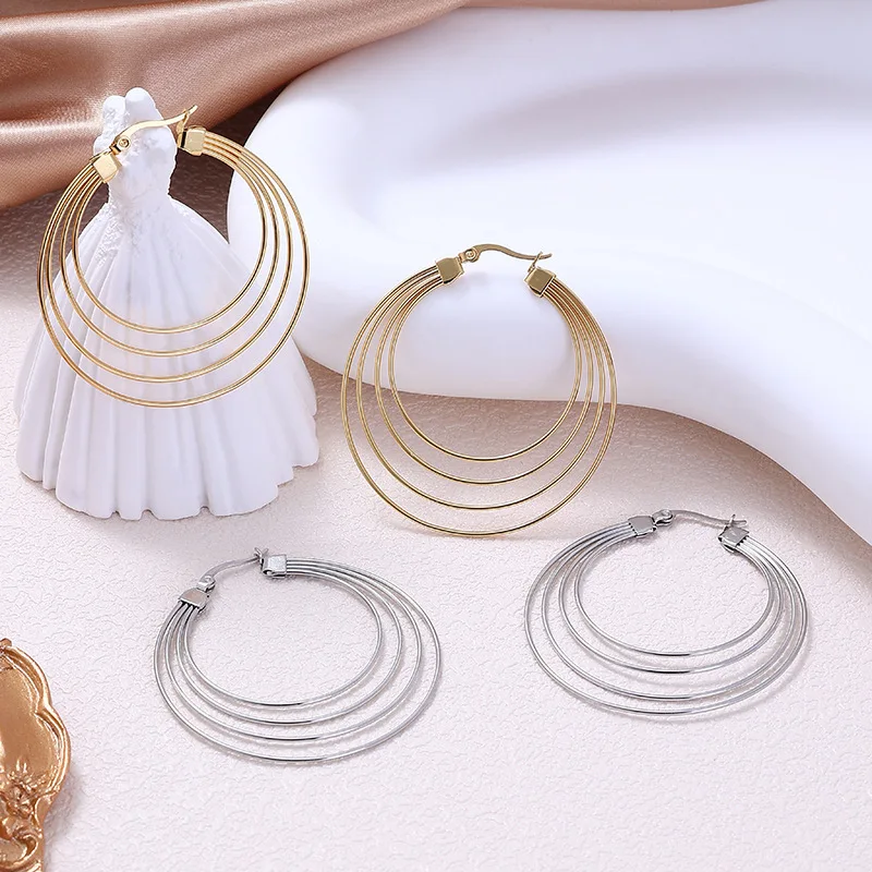 QIFEI Exaggerated Geometric Thread Hoop Earrings Stainless Steel 18K Real Gold Jewelry Earrings