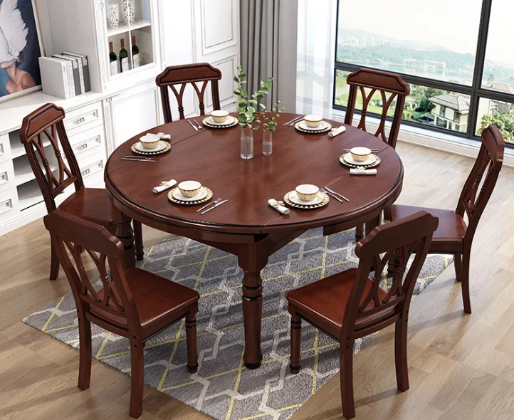 
Simple solid wood multifunctional retractable round dining table and chair 