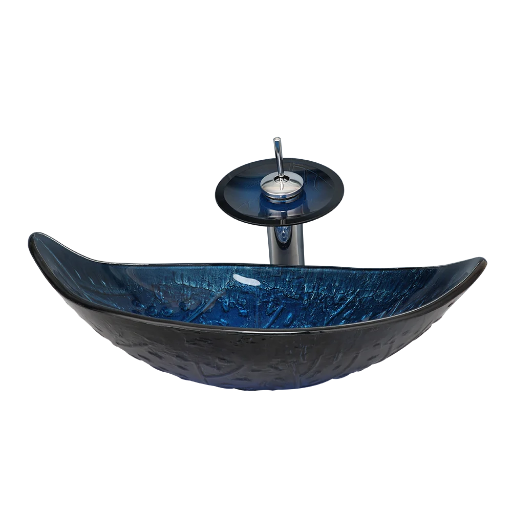 Oval Bathroom Glass Vessel Sink Blue Leaf Basin Bowl Combo Mixer Tap Drain Set