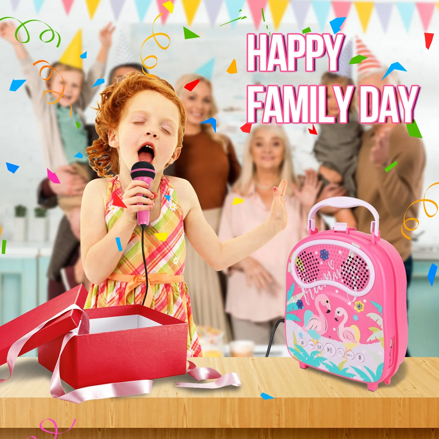 OEM and EXW Girls karaoke singing machine for children portable pink flamingo kids karaoke machine speaker with two microphones