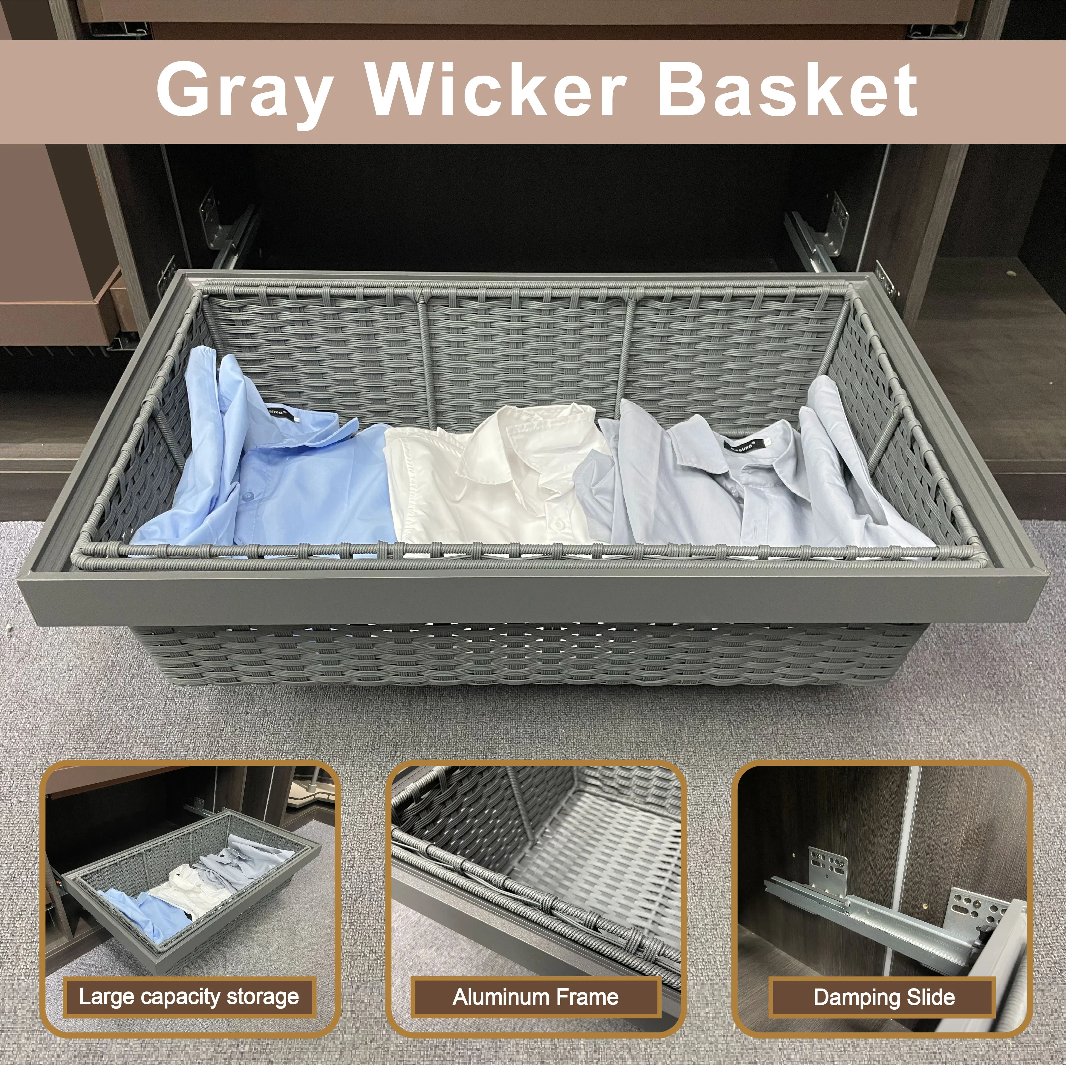 Handmade Rattan Closet Storage Foldable Clothes Drawer Wardrobe Organizer Portable Rack with Shelves Gray Wicker Basket