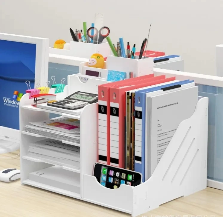 Hot Sale Multifunctional 4 Tiers Office Wood Desktop Organizer Supplies Storage Box Tabletop Binder Letter Trays With Drawer