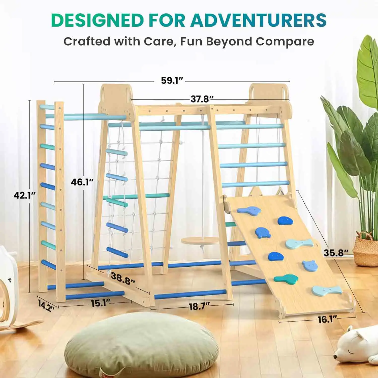 Indoor Playground 9-in-1 Jungle Gym Kids Climbing Toys, Montessori Waldorf Style Wooden Climber