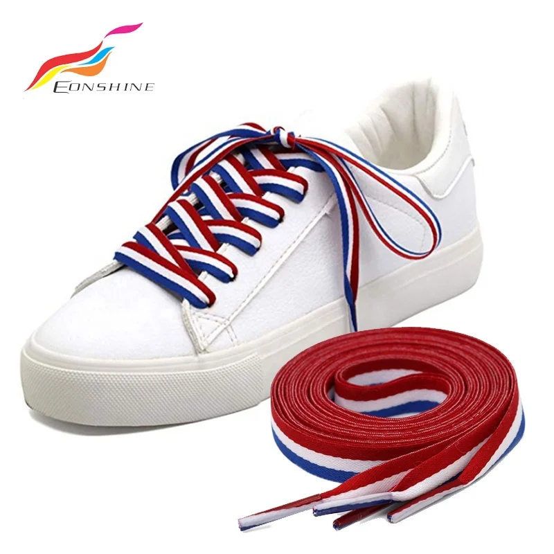 Flat Polyester 3 Color Braided Red White Blue Stripe Shoelaces for Canvas Shoe Laces