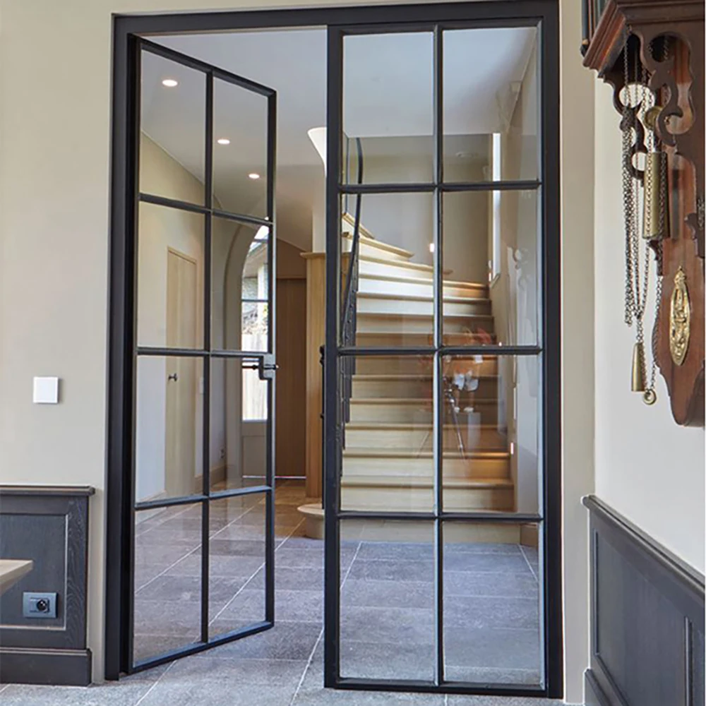 commercial black ceiling to floor double tempered glass swing aluminum casement door with drill design