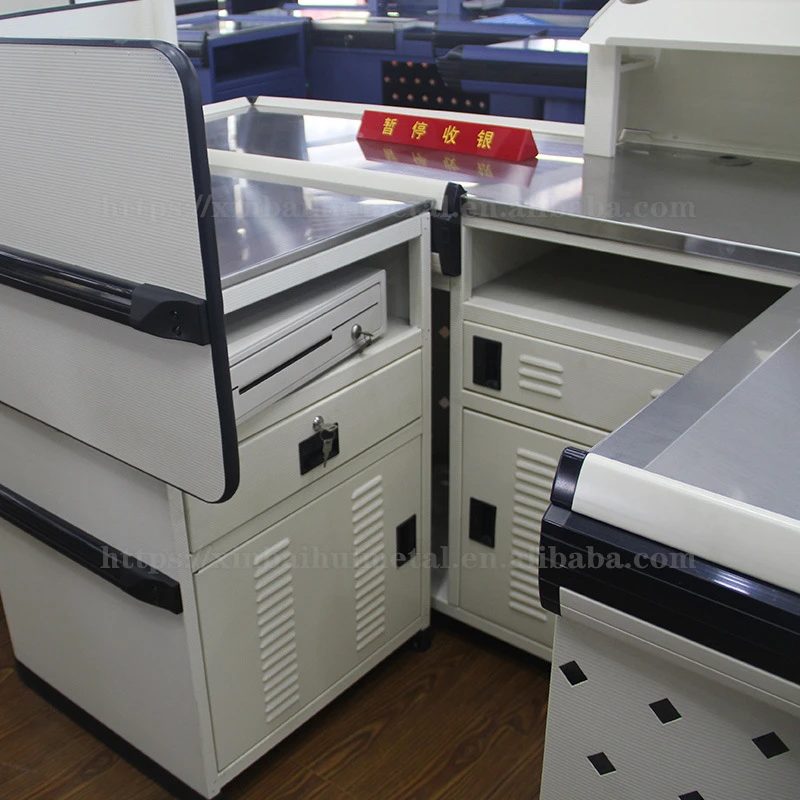Xinbaihui Stainless Steel Retail Counter Desk Checkout Counter Cashier With Back Hole Grocery Checkout Counter