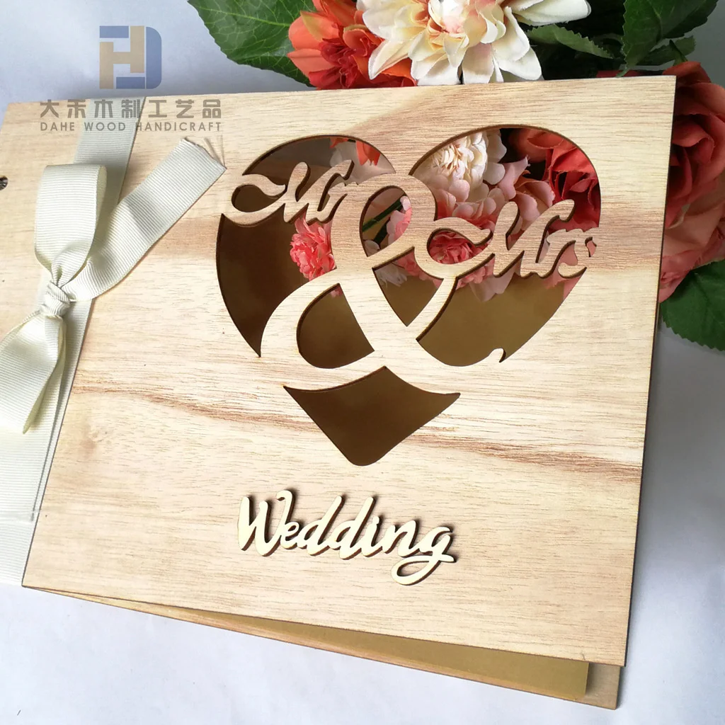 Hot Sale Laser Engraved Wooden Guest Book 20 Pages Custom Wood Notepad for Wedding Use Message Decoration