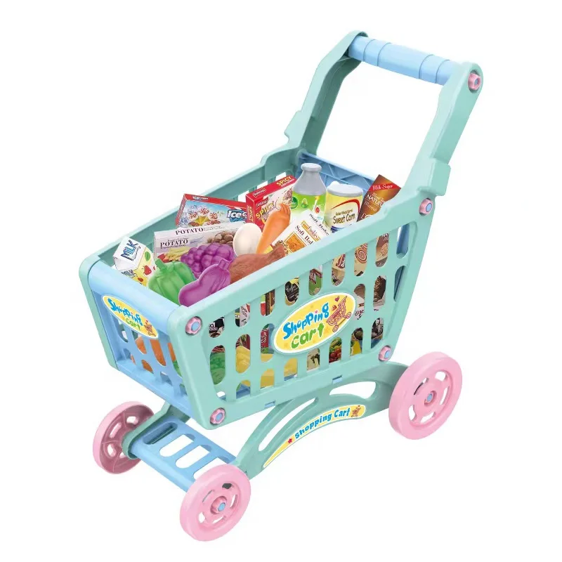 Kids Big Shopping Cart Set 661-537 Food & Fruits & Vegetables 43PCS Pretend Play Supermarket Cart Trolley Game Toy For Gifts