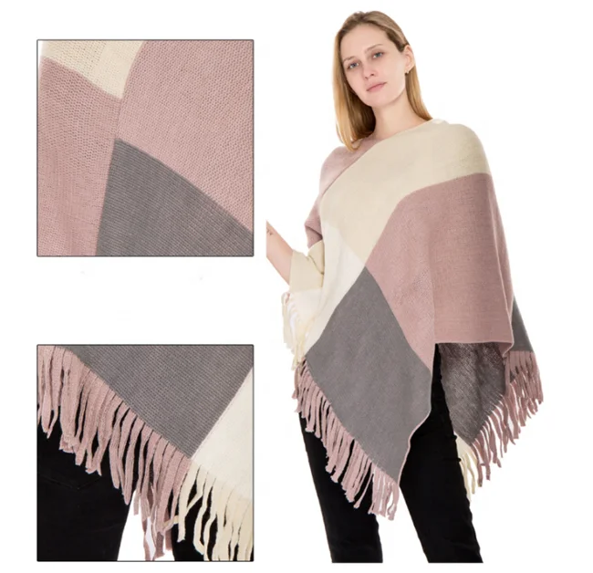 Fashion Plaid Knitted Poncho For Women Autumn Winter Imitation Cashmere Poncho Scarves And Shawls