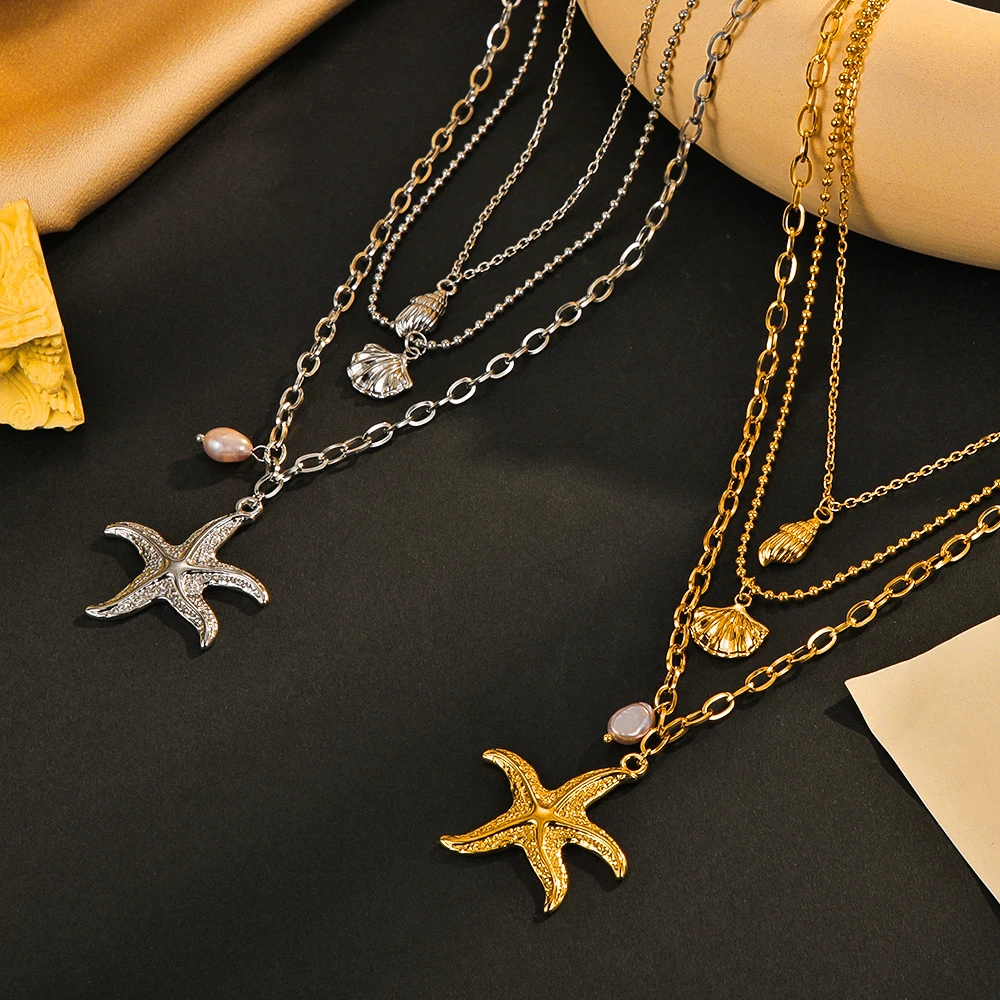 Summer Fashion Three-Layer Pearl Starfish Pendant Necklace Stainless Steel Shell Conch Necklace for Women