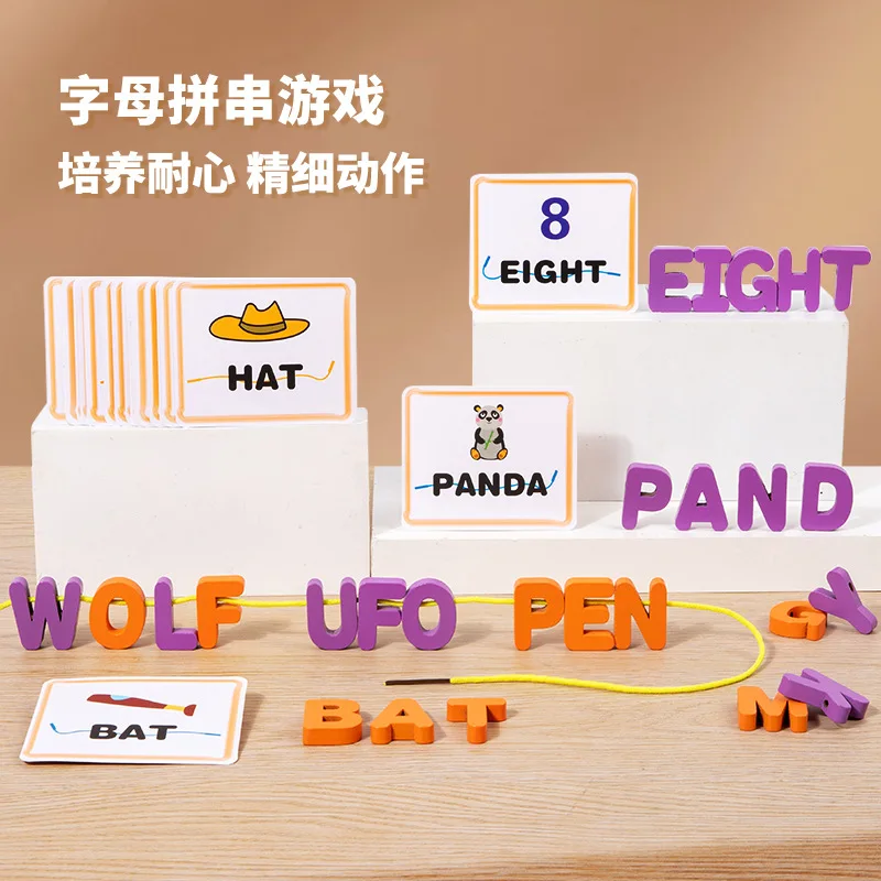2024 wooden spelling game wood lacing threading game for children funny rope game fine motor preschool educational toy