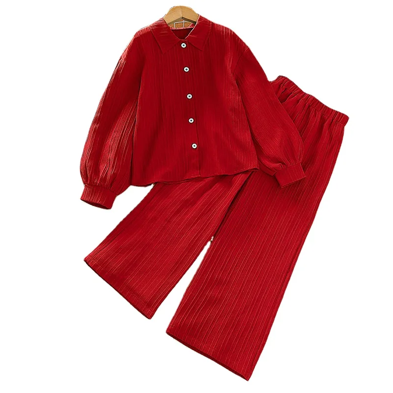 Wholesale Girl Two Piece Outfits Autumn Long Sleeve Solid Girl Casual Shirts+Trousers Clothing Set