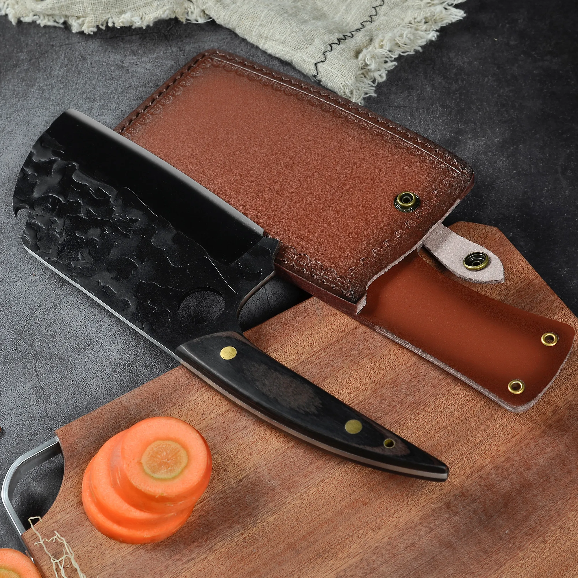 Xingye Yangjiang Wholesale Knives Hammer Finish Effort Saving Hole Blade Stainless Steel 7 Inch Chef Black Kitchen