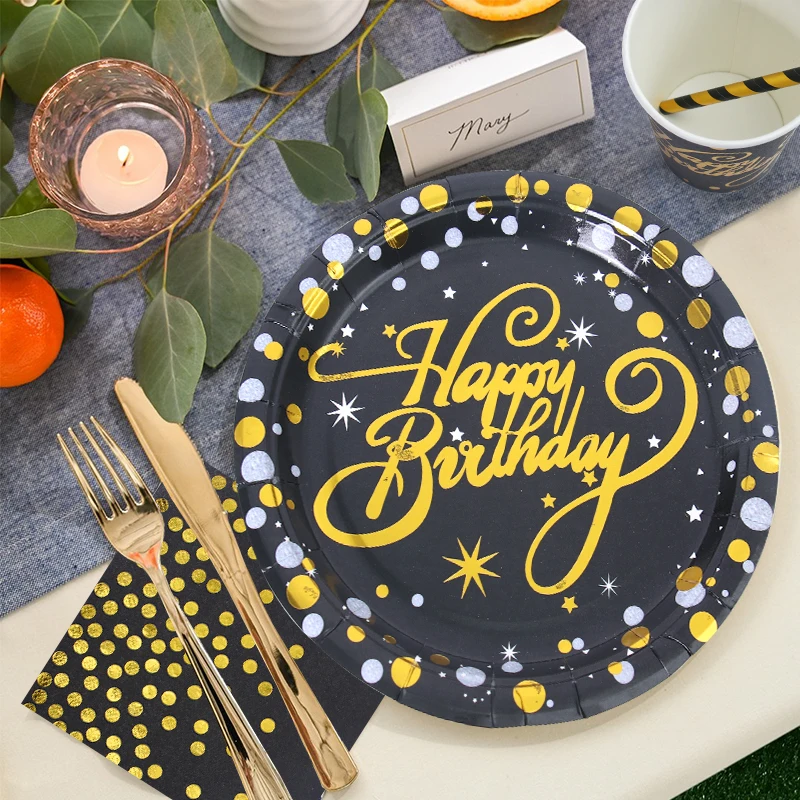 NEW Disposable Serves 24 Tableware Set Gold Black Happy Birthday Party Paper Plates Napkin Cup Set Party Plate Set For Birthday