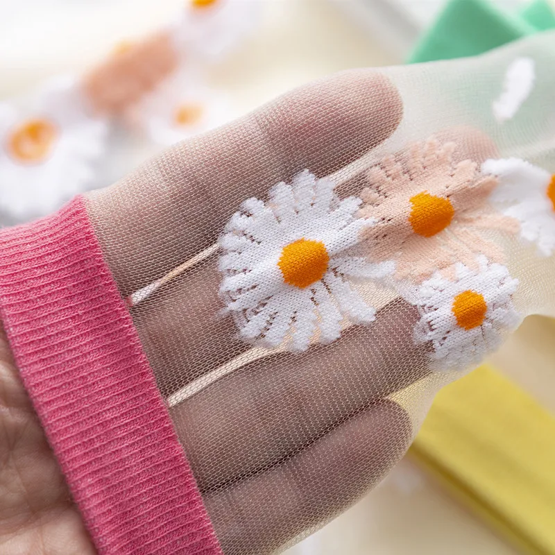 Summer fashion super bright silk japanese small daisy custom sock glass-fiber thin high quality women girls Transparent socks