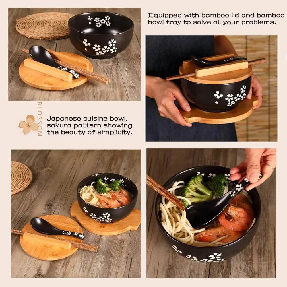 Japanese Cuisine Bowl Set with Wooden Lid Ceramics Sakura Ramen bowl Ceramic Instant Noodle Salad Soup Rice Bowl