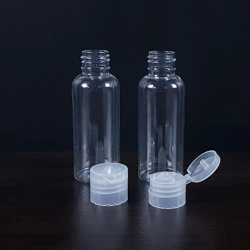 PET biodegradable 30ml/50ml/60ml 100ml  transparent shampoo lotion cosmetic serum plastic bottle with flip top lid