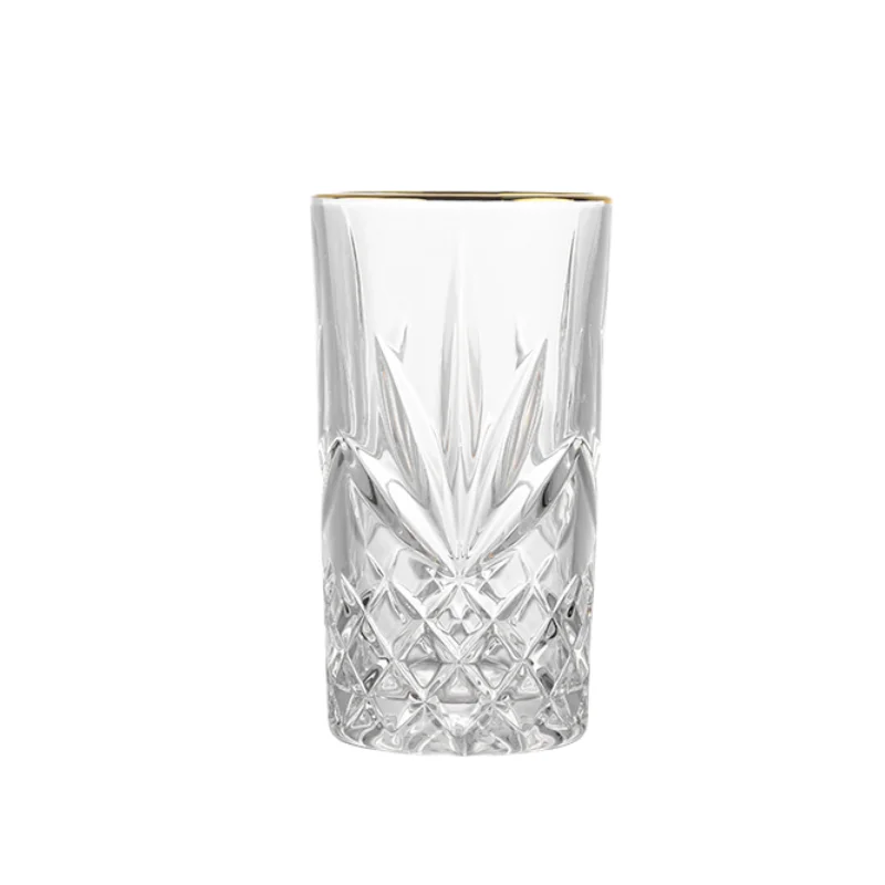352ml Engraving Geo Cut Clear Glass Cup Whiskey Glass Highball Tumbler with Gold Rim for Water Milk Soft Drinks