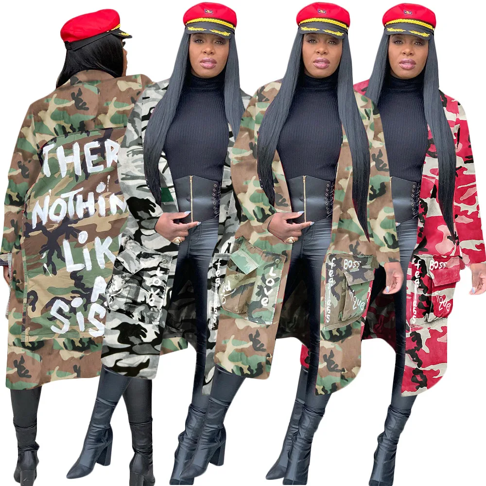 Womens 2019 Winter Casual Jackets And Coats Letter Print Camouflage Coat With Big Pocket Trench Coat Women Streetwear