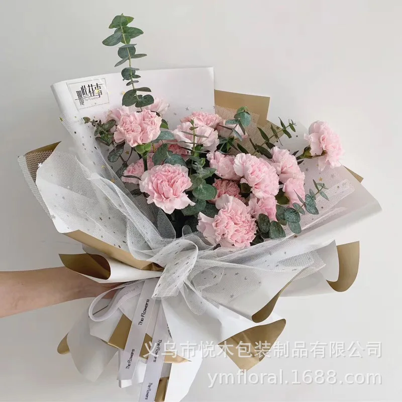 JOYWOOD Wholesale Coloured Luxury Gold Star Moon Gift Bouquet Wrapping Flower Gauze Mesh Paper Roll