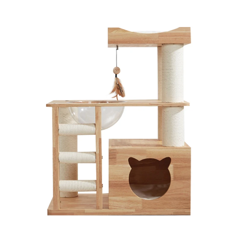 Large Cat Tree & Scratcher Climbing Frame for Feline Enjoyment Made Paper Plastic Rubber Solid Wood Feather Leather