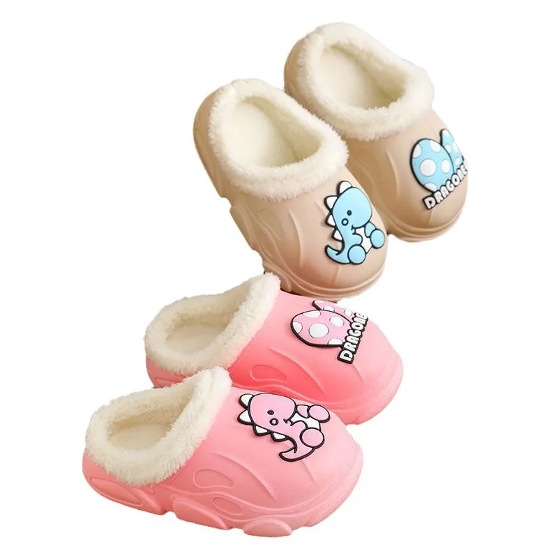 Custom Kids Cartoon Animal Dinosaur Plush Slippers Waterproof Anti Slip Winter Home Cotton Warm Slippers For Children