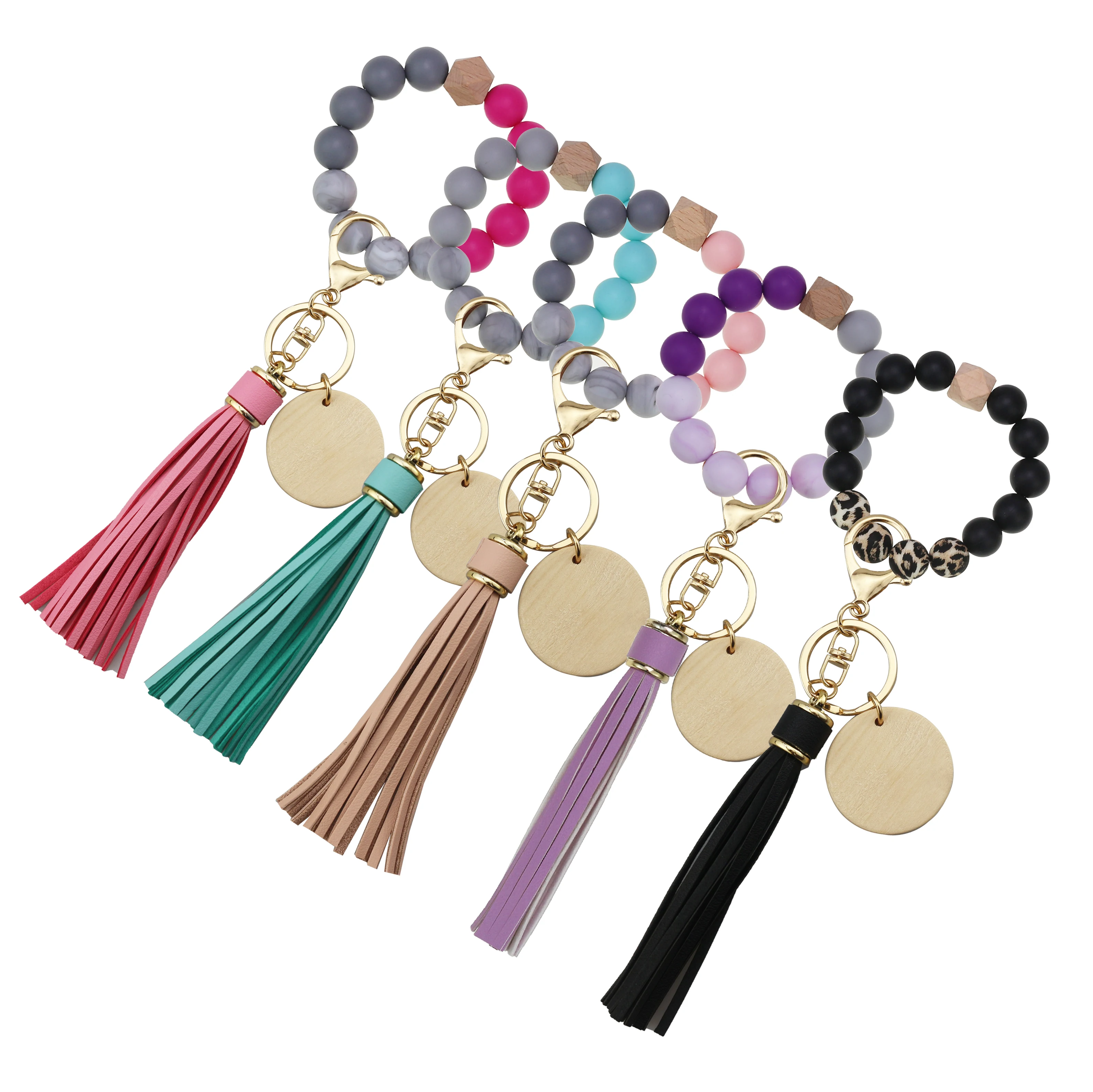 New Design Monogram Wood Blank Disc Leather Tassel Key Ring Silicone Bead Wristlet Keychain