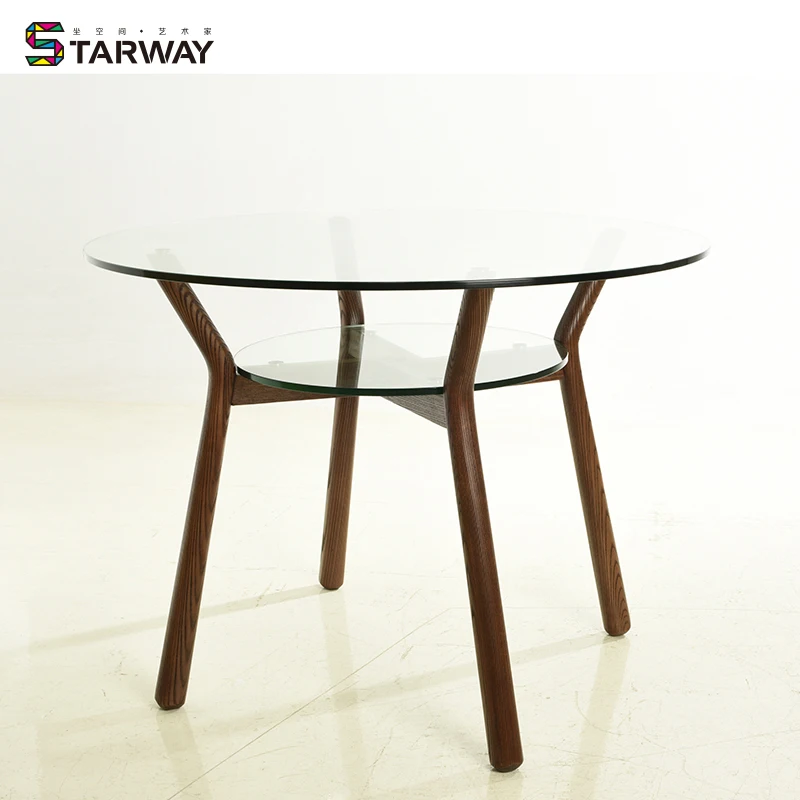 wholesale modern round glass dining table laminated glass dining table with wood legs RT-S142