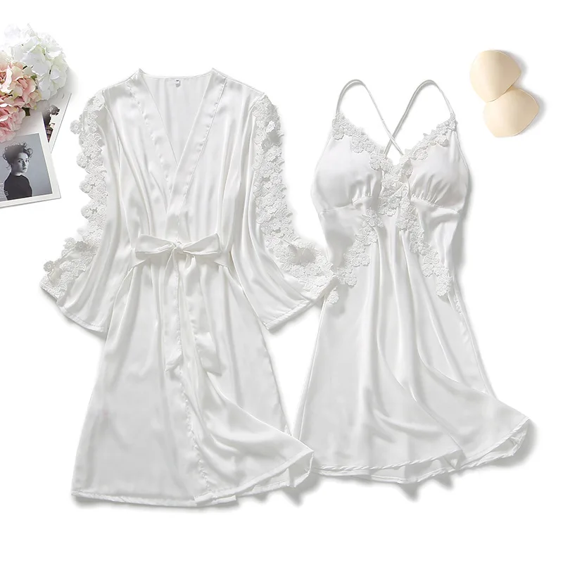 Women Lace Satin 2pcs Pajamas set Silk Sexy Nightgown for Bride