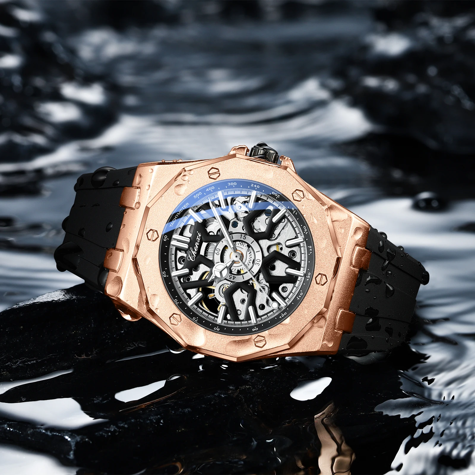 CHENXI 8868 New Hot Selling Men Mechanical Watches Waterproof Silicone Band Luminous Fully Automatic Watch Mens Rose Gold