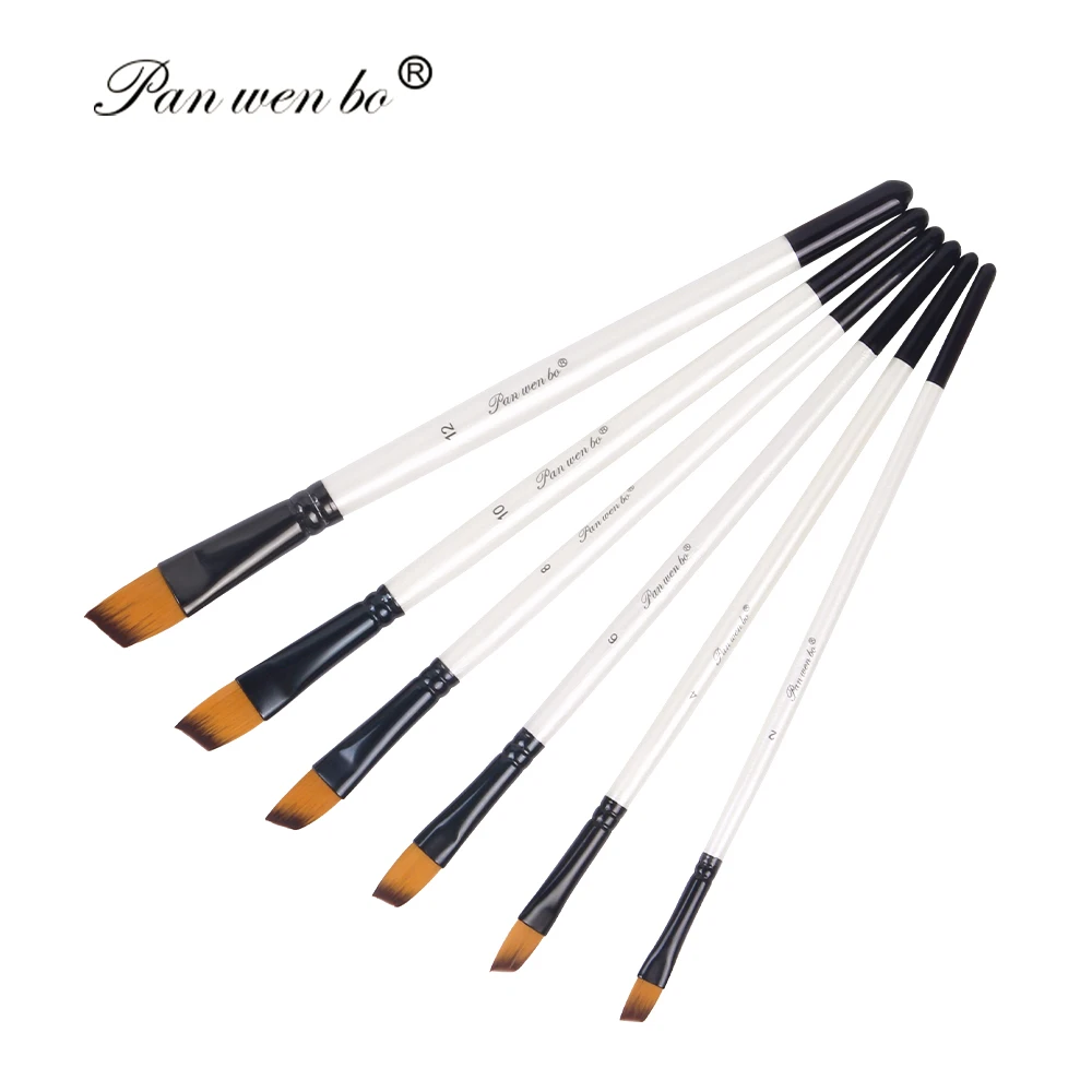 6pcs Pearl White Barrel Nylon Oil Brush Round Flat Hair Shape With Wood Handle Painting Brush Wholesale