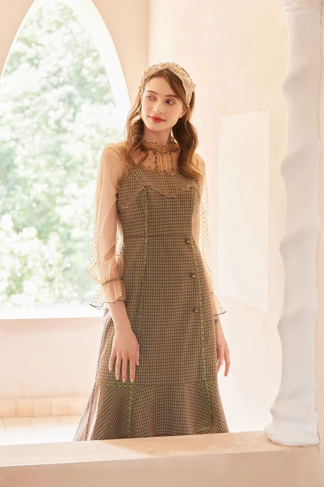 New Dresses Slim Fit Vacation Outfits Sleeveless Retro Green Plaid Fishtail Skirt Spring Autumn Elegant Slip Dress