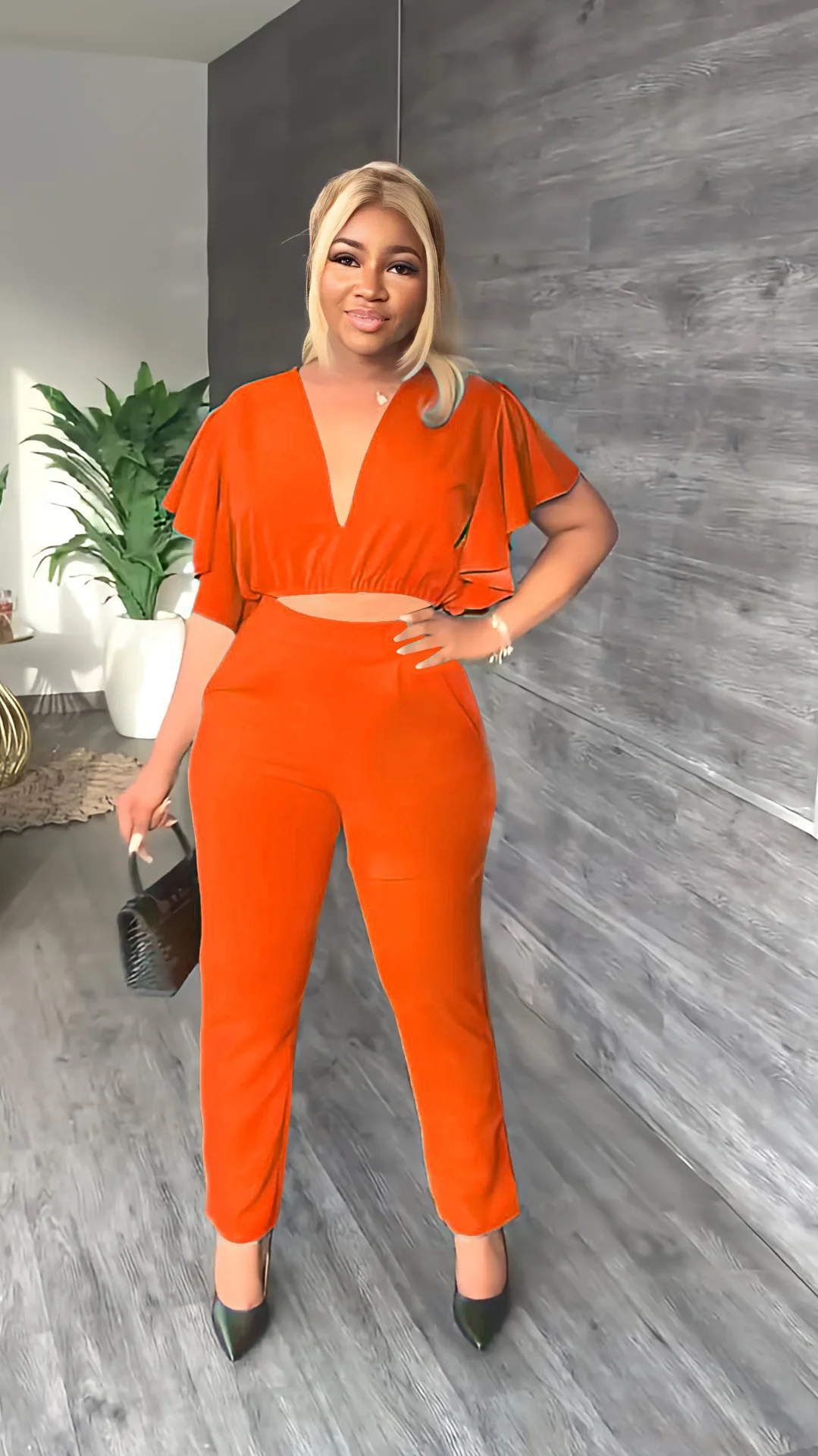 X07016S Новый женский топ с глубоким V-образным вырезом узкие прямые брюки повседневный комплект из двух