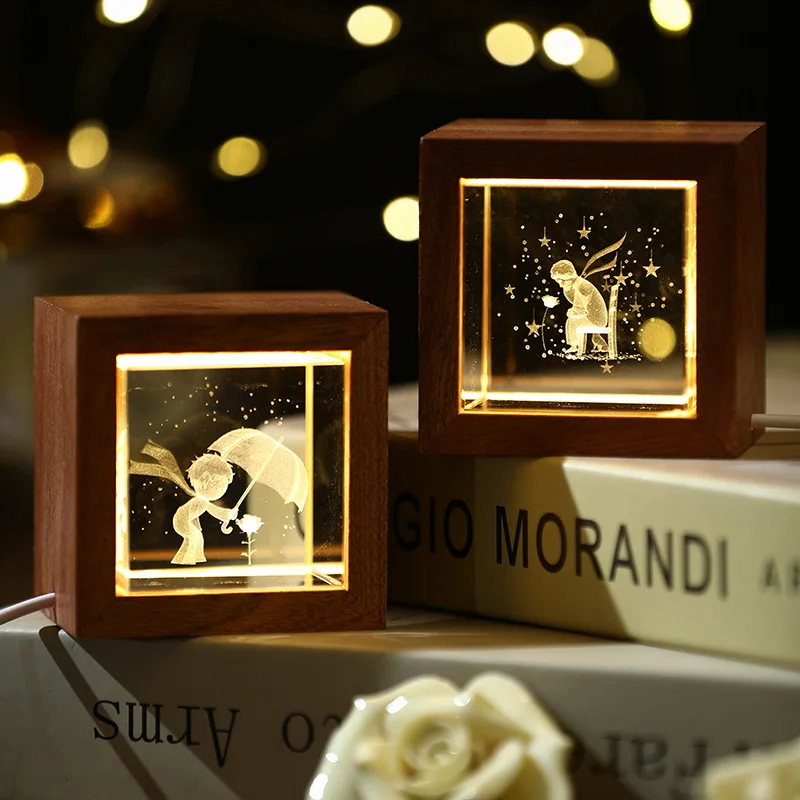 With Wooden Frame Crystal 3d Laser Engraved Solar System Planet Moon Glass Ball Cube Night Light Souvenir