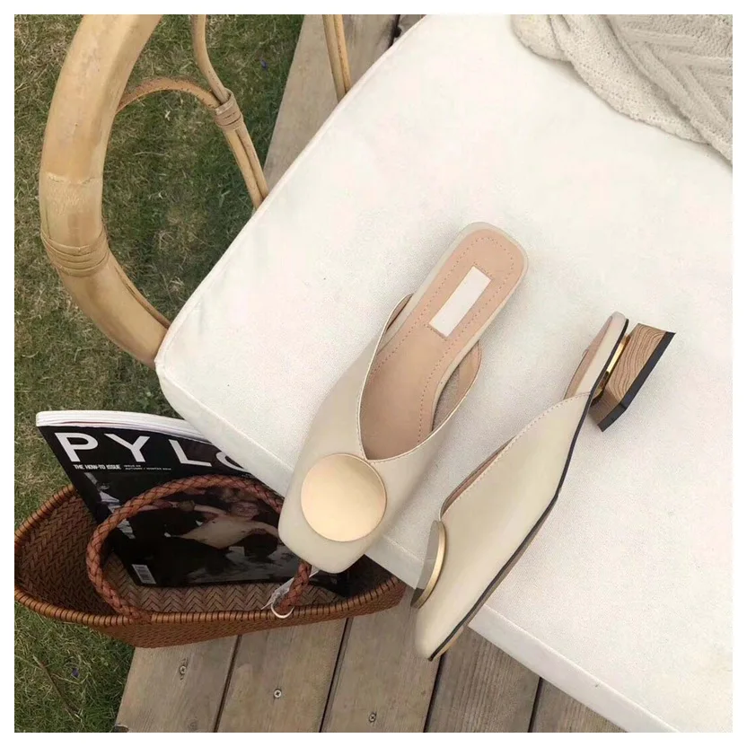 
Casual Women Slippers Slip Flat Heel Shoes British Buckle Slides Wooden Block Heels 